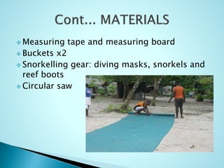  Measuring tape and measuring board
 Buckets x2
 Snorkelling gear: diving masks, snorkels and
reef boots
 Circular saw
 