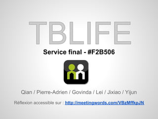 Service final - #F2B506




   Qian / Pierre-Adrien / Govinda / Lei / Jixiao / Yijun
Réflexion accessible sur : http://meetingwords.com/VBzMffkpJN
 