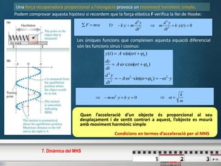 P 11
JOSEPCASTELLS
Podem comprovar aquesta hipòtesi si recordem que la força elàstica F verifica la llei de Hooke:
amF ·
Una força recuperadora proporcional a l’elongació provoca un moviment harmònic simple.
Þ -k·y = m·
d2
y
dt2
0)(·· 2
2
 tyk
dt
yd
m
Les úniques funcions que compleixen aquesta equació diferencial
són les funcions sinus i cosinus:
yA
dt
yd
tA
dt
dy
tAty
·)··sin(·
)··cos(·
)··sin()(
2
0
2
2
2
0
0






m
k
 0··· 2
 ykym
Quan l’acceleració d’un objecte és proporcional al seu
desplaçament i de sentit contrari a aquest, l’objecte es mourà
amb moviment harmònic simple
Condicions en termes d’acceleració per al MHS
7. Dinàmica del MHS
 