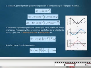 P 9
JOSEPCASTELLS
Si suposem, per simplificar, que el mòbil passa en el temps inicial per l'elongació màxima:
y(t) = A·sin(w·t +
p
2
)
v(t) = A·w·cos(w·t +
p
2
) = A·w·sin(w·t +p)
a(t) = -A·w2
·sin(w·t +
p
2
) = A·w2
·sin(w·t +
3p
2
)
Si observem aquestes expressions, veiem que, en un instant de temps
t, la fase de l'elongació y(t) és ·t, mentre que la fase de la velocitat és
·t+p/2; per tant, la diferència de fase o desfasament és:
Dj = w·t +p( )- w·t +
p
2
æ
è
ç
ö
ø
÷=
p
2
rad
Amb l'acceleració el desfasament és:
Dj = w·t +
3p
2
æ
è
ç
ö
ø
÷- w·t +
p
2
æ
è
ç
ö
ø
÷= p rad
 