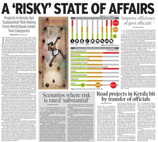 A ‘RISKY’ STATE OF AFFAIRSProjectsInKeralaGet
‘Substantial’RiskRating
FromWorldBankUnder
TwoCategories
Shenoy.Karun@Timesgroup.com
I
f Malayalis earnestly believe that they enjoy a better
political and governance system than that of their
neighbours, then they might be terribly wrong – at
the least from World Bank’s perspective. A compar-
ison of the World Bank’s ratings for its projects in
Kerala and other Southern Indian states show that the
risk factor is ‘substantial’ for two categories in Kerala –
‘Political and Governance’ and ‘Institutional Capacity for
Implementation and Sustainability’. Some of the African
countries riddled with armed conflicts and civil wars have
a better rating than Kerala regarding political and govern-
ance aspect.
For rating various aspects that could pose risk to their
projects, the World Bank uses Systematic Operations Risk-
Rating Tool (SORT). The ratings are usually presented in
the periodical implementation status and results report
of individual projects. There is an overall risk rating.
Then, going deep, risk of eight aspects of the project are
rated – political and governance’ macroeconomic, sector
strategies and policies, technical design of project, insti-
tutional capacity for implementation and sustainability,
fiduciary, stakeholders, environmental and social. Based
on the intensity of the risk, the rating might be low, mod-
erate, substantial or high.
In Kerala’s case, the overall risk rating has come down
from the ‘substantial’ to ‘moderate’ during the last three
years. However, what is worrying is the ‘substantial’ SORT
rating for two aspects of on-going World Bank-part-funded
Kerala State Transport Project – 2 (KSTP-2), a five-year pro-
ject which began in July 2013. The International Bank for
Reconstruction and Development (World Bank) is funding
$216millionof thetotalexpectedprojectcostof $445million.
The World Bank spokesperson clarified that they are
addressing the substantial risk regarding ‘Institutional
Capacity for Implementation and Sustainability’. “The
implementation risks are currently being mitigated
through improved contract management framework, IT-
based project management tool, and streamlined contract
administration procedures,” the response said.
However, the World Bank’s official reply on substantial
risk regarding political and governance aspect, was a clear
attempt to play down the risk ratings for Kerala. “The
rating that you quote is not the current assessment and
is not specific to the state or the project. This rating dates
back to 2012 when the Project Appraisal Document was
being prepared. The current risk rating is moderate,” the
email reply said. However, the World Bank’s periodical
reports on implementation status and results of KSTP-2
dating back to December 2014, proves the spokesperson
wrong. From that report onwards, SORT was used for risk
rating and the political and governance aspect was given
‘substantial’ rating. In its latest implementation status
and results report of KSTP-2, which came out on June 17,
2016, the risk rating for two aspects ‘Political and Govern-
ance’ and ‘Institutional Capacity for Implementation and
Sustainability’ are substantial.
“World Bank officials might downplay the substantial
risk rating as the Kerala Government is a client of them
and the bank couldn’t survive alienating its clients,” a
policy maker commented on conditions of anonymity.
The April 2013 project appraisal document on KSTP-2
sheds light on those two aspects which still retain the
‘substantial’ risk ratings. According to the document,
these aspects pose governance challenges to the current
project: political interference in project implementation,
poor quality of works, delayed payments to contractors,
delayed decision-making, repeated termination and rebid-
ding of contracts, poor sustainability arrangements for
roads and lack of mechanisms for adequate citizen feed-
back and public disclosure.
TIMES NEWS NETWORK
W
h i l e t h u m b i n g
through the project
appraisal document
of KSTP-2, one gets the feeling
that World Bank officials have
a fair understanding of the
ground realities in Kerala.
Here is the taster - “World-
wide, the construction sector
is perceived to be most suscep-
tible to corruption, and espe-
cially so in public works con-
tracts. India’s road sector (and
by extension, Kerala’s road
sector) suffers from some of
the same issues applicable to
the road construction indus-
try elsewhere: project delays
due to issues in land acquisi-
tion and rehabilitation and/or
environmental clearances,
poor coordination among de-
partments, law and order
problems in some areas, fre-
quent design changes, poor
project planning, funding and
management, pseudo joint
ventures, contractual failures,
resource constraints and cor-
ruption in the construction
industry”.
Further, talking specifi-
cally about its experience in
road building in Kerala (KSTP-
1 was also part-funded by the
bank), the World Bank’s ap-
praisal document highlights
the frequent transfers of offi-
cials in Kerala. “There is par-
ticularly high turn-over of
senior staff within public
works department (PWD) and
Road Safety Authority which
makes dialogue on a long-term
institutional reform agenda
difficult.”
The World Bank has up-
graded the overall implemen-
tation progress of KSTP-2
from ‘moderately unsatisfac-
tory’ to ‘moderately satisfac-
tory’ in its June, 2016 report.
This is due the improvement
in the progress of civil works
component of the project.
Still, there are other opera-
tional challenges that affect
the progress of the project and
the bank has highlighted the
biggest problem of all – the
lack of a full-time project di-
rector. “It is critical that a full-
time project director is ap-
pointed to deal with day to day
decisions which have led to
improvements in the progress
of the road projects,” the re-
port said.
“A major concern is the
progress of the non-civil work
components of the project. ie,
road safety and road sector
modernization. After starting
off well, the road safety com-
ponent has stalled,” the report
further observed.
TIMES NEWS NETWORK
“H
ow many of our bureaucrats have the expertise
to see these projects through?” asks D Naraya-
na, director, Gulati Institute of Finance and
Taxation. “First thing they need is this expertise and then
commitment. Even when you have a large number of tech-
nical hands, they are poorly deployed and there is nothing
great about their quality. I don’t think the World Bank has
gone into that many details,” he added.
“Also, how many of these officers go for refresher train-
ings and are up-to-date with latest technology? I doubt – not
too many. During good old days, you needed a high number
of engineers, because you couldn’t outsource the work as
the private sector wasn’t capable enough. Today it is a
different story altogether,” Narayana said.
Narayana said Kerala should focus on efficiency of the
government officials. “When you have limited resources,
you have to spend it much more effectively and we seem
to be losing that game altogether. For a private investor,
even one day lost is so many rupees or dollars of interest
or additional costs, but for a public project, there is no
accountability. The earlier you finish the project, the in-
come starts flowing the very next day. Unless that kind of
thinking comes to the corridors of power, I don’t think we
have an escape route,” he said.
CP John, former member, Kerala State Planning Board,
said that the project implementation in Kerala had im-
proved much, but not sufficiently. “When you consider the
15 to 20 years of experience, Kerala’s institutional capabil-
ity has improved a lot – especially in the case of adopting
new technology. We have been improving, but not up to
the mark where we can,” he said.
John also talked about a factor which the World Bank
hadn’t highlighted – the non-availability of raw materials.
“The major reason for the delayed projects is the issue of
not getting sufficient raw materials – people now won’t
allow you to use the natural resources for infrastructure
development. The lacuna of the project implementation
is an administrative-political consensus that could find a
solution to those projects stalled by environmental activ-
ism,” he said.
Political and Governance
Macroeconomic
Sector Strategies and Policies
Technical Design of Project
Institutional Capacity for Implementation and Sustainability
Fiduciary
Environmental and Social
Stakeholders
Overall
‘Improve efficiency
of govt officials’
TIMES NEWS NETWORK
W
hy do World Bank perceive that
the risk is substantial in two ar-
eas – ‘political and governance’
and ‘institutional capacity for implementa-
tion and sustainability’ – for its road pro-
jects in Kerala?
The bank’s interim guidance note on
SORT (Systematic Operations Risk-Rating
Tool) explains the circumstances where
they give ‘substantial’ risk rating for po-
litical and governance aspect:
“There is a substantial likelihood that
political and governance factors could sig-
nificantly impact the project development
outcome. At the program level, the project
development could be impacted by signifi-
cant political uncertainty or transition…
The government has taken initial steps to
improve transparency, accountability and
participation, but with limited impact. The
government has a set of development pri-
orities, but they lack coherence and do not
have broad-based political support. Some
anti-corruption and public sector ethics
regulations exist, but are only selectively
enforced."
While looking at the ‘Institutional Ca-
pacity for Implementation and Sustainabil-
ity’, the bank takes into account the insti-
tutional capacity of the implementing
agencies:
“There is a substantial likelihood that
weak institutional capacity for implement-
ing and sustaining the operation or opera-
tional engagement may adversely impact
the project development outcome...The
implementing agencies have limited expe-
rience with bank and other multilateral
development partner operations. The im-
plementing agencies have some in-house
capacity, but external consultants play an
important role in the design and day-to-day
operation implementation. Staff turnover
is substantial and they have limited access
to relevant training. There are significant
gaps in the agencies’ monitoring and eval-
uation arrangements, and the lines of ac-
countability are somewhat unclear.”
Scenarios where risk
is rated ‘substantial’
Road projects in Kerala hit
by transfer of officials
SUBSTANTIALMODERATELOW
Source: Implementation Status and Results Report of World Bank
KERALA KARNATAKA TELANGANA GUJARAT LIBERIA YEMEN TANZANIAANDHRA
PRADESH
TAMIL
NADU
Source: various World Bank projects
(as on June 17, 2016)
SUBSTANTIAL
MODERATE
LOW
WORLD BANK RATINGS ON ‘POLITICAL AND GOVERNANCE’
SYSTEMATIC OPERATIONS RISK-RATING OF KSTP-2 PROJECT
Illustration: Gireesh, Graphic: Karthic R
Kochi: Shedding more light
on the origin of Kochi’s Jew
population, a study conduc-
ted by experts in United Sta-
tes and Israel has found that
theJewsfromKochihaddual
ancestries, both Indian and
Jewish. Previous studies had
foundthattheyhadonlyIndi-
an ancestry. The study titled
‘Genetic History of Cochin
Jews from India’ was conduc-
tedby10expertsfromCornell
University, Tel Aviv Universi-
ty and Albert Einstein Colle-
geof MedicineinNewYork.
Dr Yedael Waldman from
Tel Aviv University’s depart-
ment of molecular microbio-
logy and biotechnology led
the study. The study analysed
the genetic history and struc-
ture of 21 Jews from Kochi
using genome-wide data. At
present, only five Jews reside
in Kochi, the rest have migra-
ted to Israel. The DNA was
collected in Israel several ye-
ars ago and it was genotyped
in USA. The data was analy-
sedfortwoyears.
A data analysis of DNA –
conducted as part of the stu-
dy – showed that Jewish gene
flow into this community to-
ok place approximately 470-
730 years ago, with contribu-
tions from Yemenite, Sephar-
di (Jews whose ancestors li-
ved in Spain and Portugal)
andMiddle-EasternJews.
Waldmansaidthatin1492,
Jews living in Spain were for-
cedtoeitherconverttoChris-
tianity or leave the country.
Many chose to leave Spain
andjoinedvariousJewishpo-
pulations. A small group of
them reached Kochi and joi-
nedthelocalcommunity.
“The IBD analysis (which
measures how many genom-
ic segments, which reflect a
recent common ancestor, are
shared between individuals)
alsoshowedthatCochinJews
share significantly more
DNA segments with Indian
population. Among the Indi-
anpopulationsGounder,Mal-
la, Kshatriya and Brahmin
communitiesshowedhighest
IBD sharing with Cochin
Jews.”
The genetic similarity
between members of Cochin
Jews is relatively high com-
pared to other populations
and it probably reflects high
endogamy(customof marry-
ing only within the limits of a
local community, clan, or tri-
be), he added. “Endogamy in
a population can increase the
prevalenceof recessivedisea-
ses. There are several disea-
ses that are more frequent in
theJewishcommunityof Ko-
chicomparedtootherpopula-
tions, mostly due to endoga-
my,”saidWaldman.
The research was done as
part of a series of studies to
learn the genetic history of
Jewish people. The project,
called ‘The Jewish HapMap’
was led by Prof Harry Ostrer
from Albert Einstein College
of Medicine in New York. Be-
sidesKochiJews,hundredsof
members from 15 other Je-
wish diasporas – including
BeneIsraelinMumbaiand48
subdivisionsof theIndianpo-
pulations – were covered by
thestudy.
Kochi Jews have dual
ancestries: US-Israel study
TC.Sreemol@timesgroup.com
LINE OF DESCENT: An outside view of the Mattancherry synagogue
at Jew town in Kochi. At present, only five Jews reside in Kochi
File photo
Kochi: On Monday, the cen-
tral police arrested a 61-year-
old man from Thrissur on
cheating charges. Paul Anto-
ny was arrested on a compla-
int filed by Brio
Kurian and Lin-
son of Thrissur
after he collected
asumof Rs1lakh
each from them, promising
jobsinPoland.
The accused then pro-
mptly went into hiding. He
closeddownthefirmAl-Amal
Enterprises Manpower Con-
sultantsonChittoorRoadand
opened another one ‘Sun Po-
int’inthecity.
Policesaidheoperatedthe
firm without permission
from the corporation. The ac-
cused had been running the
firm in Kochi for over 12 ye-
ars, they said.
Twoheldwithbanned
tobacco:The Perumbavoor
police on Monday arrested
two people and seized 50,000
packets of tobacco products
from them. The arrested have
beenidentifiedasNizar(30)of
Allapra and Kunjumuham-
med (24) of Ottapalam.
Faisal, another accused in
the case, is at large.
According to police, the
‘spider’ team of rural supe-
rintendent of Kochi seized
the products that were bro-
ught in an autorickshaw car-
rying vegetables to Changa-
nasserymarket.
Man arrested
for job fraud
TIMES NEWS NETWORK
FOR A ‘GREEN’ FUTURE RK Sreejith
A POSITIVE MOVE: Artists repaint the compound wall of Vallarpadam International Container
Transshipment Terminal, with a fresh set of pictures on Sunday. Earlier, the wall had similar drawing
that exhorted citizens to save their surroundings and planet
Kochi: The National Green
Tribunal (NGT) has issued
an arrest warrant against
Kunnathunad’s grama pan-
chayat secretary for not re-
sponding to its summons.
The warrant, however, is
bailable; the bail amount
was set at Rs 25,000
Hearing a petition filed
by K S Ravindran Nair see-
king a freeze on the dest-
ruction of a biodiversity
spot in the panchayat, the
court directed the secreta-
ry to be present at the next
hearing.
The bench of Justice P
Jyothimani, judicial mem-
ber and expert committee
member Ranjan Chatter-
jee, restrained the felling
of any tree in the area.
With the secretary not
appearing before the court,
the court expressed the vi-
ew that to prevent damage
to the biodiversity in the
area, ‘there will be an order
of status quo which exists
as on date and it shall be
maintained. The district
collector shall ensure the
compliance of this order
scrupulously and file a sta-
tus report on the next hea-
ring on November 25,” it sa-
id. The NGT, on May 23, had
directed the panchayat not
to cut any trees along the
pond and that order was ex-
tended on August 8.
The petitioner had con-
tended that the biodiversi-
ty spot was an ancient sa-
cred grove which housed
several endangered tree
species and migratory
birds.
He submitted that pan-
chayat officials – in the gui-
se of bringing a drinking
water project – were at-
tempting to damage biodi-
versity in an area spanning
55 cents and a pond.
The petition said that
there were 68 species of en-
dangered plants which are
to be protected. He sought
an interim order to stop the
felling of trees and drai-
ning out the huge water bo-
dy which was the source of
underground water to seve-
ral wells and agriculture
farms in the area.
The state pollution cont-
rol board and the state bio-
diversity board have been
made respondents in the
case.
NGT issues warrant against panchayat secy
Sudha.Nambudiri
@timesgroup.com
DESTRUCTION OF
BIODIVERSITY
TIMES CITYTHE TIMES OF INDIA, KOCHI | TUESDAY, OCTOBER 18, 2016
ONLINE BOOKING FACILITY FOR UPCOMING
SABARIMALA SEASON LAUNCHED | P4
WHO WOULD SHOW RED CARD TO VIGILANCE
DIRECTOR JACOB THOMAS, ASKS CHENNITHALA | P5
 