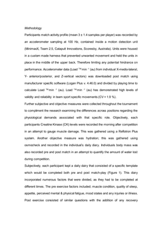 Methodology
Participants match activity profile (mean 3 ± 1.4 samples per player) was recorded by
an accelerometer sampling at 100 Hz, contained inside a motion detection unit
(MinimaxX, Team 2.5, Catapult Innovations, Scoresby, Australia). Units were housed
in a custom made harness that prevented unwanted movement and held the units in
place in the middle of the upper back. Therefore limiting any potential hindrance on
performance. Accelerometer data (Load TM.
min -1
(au) from individual X-medio-lateral,
Y- anterior/posterior, and Z-vertical vectors) was downloaded post match using
manufacturer specific software (Logan Plus v. 4.46.0) and divided by playing time to
calculate Load TM.
min -1
(au). Load TM.
min -1
(au) has demonstrated high levels of
validity and reliability in team sport specific movements (CV = 1.9 %).
Further subjective and objective measures were collected throughout the tournament
to compliment the research examining the differences across positions regarding the
physiological demands associated with that specific role. Objectively, each
participants Creatine Kinase (CK) levels were recorded the morning after competition
in an attempt to gauge muscle damage. This was gathered using a Reflotron Plus
system. Another objective measure was hydration; this was gathered using
osmocheck and recorded in the individual’s daily diary. Individuals body mass was
also recorded pre and post match in an attempt to quantify the amount of water lost
during competition.
Subjectively, each participant kept a daily dairy that consisted of a specific template
which would be completed both pre and post match-play (Figure 1). This diary
incorporated numerous factors that were divided, as they had to be completed at
different times. The pre exercise factors included; muscle condition, quality of sleep,
appetite, perceived mental & physical fatigue, mood states and any injuries or illness.
Post exercise consisted of similar questions with the addition of any recovery
 