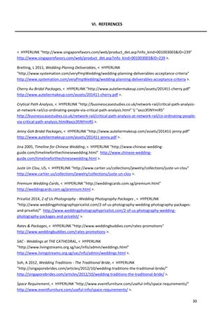 30
VI. REFERENCES
< HYPERLINK "http://www.singaporefavors.com/web/product_det.asp?info_kind=001003003&ID=239"
http://www.singaporefavors.com/web/product_det.asp?info_kind=001003003&ID=239 >.
Bretting, L 2011, Wedding Plannig Deliverables, < HYPERLINK
"http://www.systemation.com/veryPmpWedding/wedding-planning-deliverables-acceptance-criteria"
http://www.systemation.com/veryPmpWedding/wedding-planning-deliverables-acceptance-criteria >.
Cherry Au Bridal Packages, < HYPERLINK "http://www.auteliermakeup.com/assets/201411-cherry.pdf"
http://www.auteliermakeup.com/assets/201411-cherry.pdf >.
Crytical Path Analysis, < HYPERLINK "http://businesscasestudies.co.uk/network-rail/critical-path-analysis-
at-network-rail/co-ordinating-people-via-critical-path-analysis.html" l "axzz3fJNYmiRS"
http://businesscasestudies.co.uk/network-rail/critical-path-analysis-at-network-rail/co-ordinating-people-
via-critical-path-analysis.html#axzz3fJNYmiRS >.
Jenny Goh Bridal Packages, < HYPERLINK "http://www.auteliermakeup.com/assets/201411-jenny.pdf"
http://www.auteliermakeup.com/assets/201411-jenny.pdf >.
Jina 2005, Timeline for Chinese Wedding, < HYPERLINK "http://www.chinese-wedding-
guide.com/timelineforthechinesewedding.html" http://www.chinese-wedding-
guide.com/timelineforthechinesewedding.html >.
Juste Un Clou, US, < HYPERLINK "http://www.cartier.us/collections/jewelry/collections/juste-un-clou"
http://www.cartier.us/collections/jewelry/collections/juste-un-clou >.
Premium Wedding Cards, < HYPERLINK "http://weddingcards.com.sg/premium.html"
http://weddingcards.com.sg/premium.html >.
Pricelist 2014, 2 of Us Photography - Wedding Photography Packages , < HYPERLINK
"http://www.weddingphotographypricelist.com/2-of-us-photography-wedding-photography-packages-
and-pricelist/" http://www.weddingphotographypricelist.com/2-of-us-photography-wedding-
photography-packages-and-pricelist/ >.
Rates & Packages, < HYPERLINK "http://www.weddingbuddies.com/rates-promotions"
http://www.weddingbuddies.com/rates-promotions >.
SAC - Weddings at THE CATHEDRAL, < HYPERLINK
"http://www.livingstreams.org.sg/sac/info/admin/weddings.html"
http://www.livingstreams.org.sg/sac/info/admin/weddings.html >.
Soh, A 2012, Wedding Traditions - The Traditional Bride, < HYPERLINK
"http://singaporebrides.com/articles/2012/10/wedding-traditions-the-traditional-bride/"
http://singaporebrides.com/articles/2012/10/wedding-traditions-the-traditional-bride/ >.
Space Requirement, < HYPERLINK "http://www.eventfurniture.com/useful-info/space-requirements/"
http://www.eventfurniture.com/useful-info/space-requirements/ >.
 