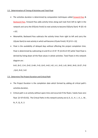 5
2.2 Determination of Timing of Activities and Total Float
 The activities duration is determined by computation techniques called Forward Pass &
Backward Pass. Forward Pass adds activity times along each task from left to right in the
network and carry the EF(Early Finish) to next activity to become ES(Early Start)  [ES +D
= EF]
 Meanwhile, Backward Pass subtracts the activity times from right to left and carry the
LS(Late Start) to next activity in which will become LF(Late Finish)  [LF-D = LS]
 Float is the availability of delayed days without effecting the project completion time.
Float is determined by subtracting LS and ES or LF-EF  [LS-ES=LF-EF] while Total Float is
derived by listing down all the float values in whole activities. Total Floats in this network
diagram are :
A=0 ; B=2 ; C=4 ; D=0 ; E=44 ; F=0 ; G=0 ; H=0 ; I=0 ; J=1 ; K=0 ; L=0 ; M=0 ; N=0 ; 0=37 ; P=0
; Q=0 ; R=0 ; S=0
2.3 Determine The Project Duration and Critical Path
 The Project Duration is the completion date which formed by adding all critical path’s
activities duration.
 Critical path is an activity without spare time and occurred if the floats / slacks have zero
float [LF-EF=ES-ES] . The Critical Paths in this network activity are A, D , G , H , I , K , L , M ,
N , P , Q , R , S
 