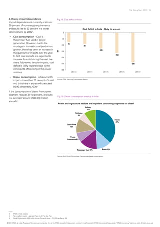 The Rising Sun - 2012 | 26
2. Rising import dependence
Import dependence is currently at almost
30 percent of our energy requirements
and could rise to 59 percent in a worst
case scenario by 20322
.
•	 Coal consumption – Coal is
the primary fuel used in power
generation. However, due to the
shortage in domestic coal production
growth, there has been an increase in
the quantum of imports over the year.
In fact, coal imports are expected to
increase four-fold during the next five
years. Moreover, despite imports, coal
deficit is likely to persist due to the
constraints of blending in the power
stations.
•	 Diesel consumption - India currently
imports more than 75 percent of its oil
and this share is expected to exceed
by 90 percent by 20303
.
If the consumption of diesel from power
segment reduces by 10 percent, it results
in a saving of around USD 450 million
annually4
.
Fig.18: Coal deficit in India
Fig.19: Diesel consumption breakup in India
Source: CEA, Planning Commission Report
Source: Kirit Parikh Committee - Sector-wise diesel consumption
2	 KPMG in India analysis
3	 Planning Commission – Approach Paper to XII FiveYear Plan
4	 Diesel Consumption of 60 million tonnes;Tonnes to Barrel – 7.5; USD per Barrel -100
© 2012 KPMG, an Indian Registered Partnership and a member firm of the KPMG network of independent member firms affiliated with KPMG International Cooperative (“KPMG International”), a Swiss entity. All rights reserved.
 