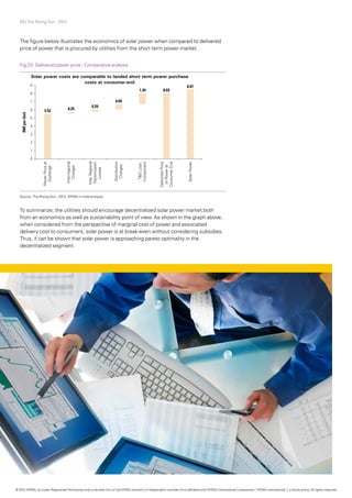 29 | The Rising Sun - 2012
The figure below illustrates the economics of solar power when compared to delivered
price of power that is procured by utilities from the short term power market.
To summarize, the utilities should encourage decentralized solar power market both
from an economics as well as sustainability point of view. As shown in the graph above,
when considered from the perspective of marginal cost of power and associated
delivery cost to consumers, solar power is at break-even without considering subsidies.
Thus, it can be shown that solar power is approaching pareto optimality in the
decentralized segment.
Fig.23: Delivered power price - Comparative analysis
Source: The Rising Sun - 2012, KPMG in India analysis
© 2012 KPMG, an Indian Registered Partnership and a member firm of the KPMG network of independent member firms affiliated with KPMG International Cooperative (“KPMG International”), a Swiss entity. All rights reserved.
 