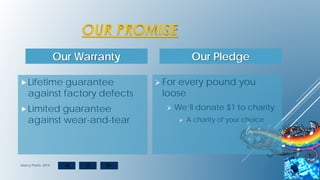 OUR PROMISE
Our Warranty
Lifetime guarantee
against factory defects
Limited guarantee
against wear-and-tear
Our Pledge
 For every pound you
loose
 We’ll donate $1 to charity
 A charity of your choice
dancy Pants, 2014
 