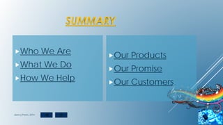 Who We Are
What We Do
How We Help
Our Products
Our Promise
Our Customers
SUMMARY
dancy Pants, 2014
 