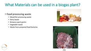 What Materials can be used in a biogas plant?
• Food processing waste
• Meat/fish processing waste
• Dairy waste
• Brewery spent grains
• Vegetable waste
• Waste from prepared food factories
Offal
 
