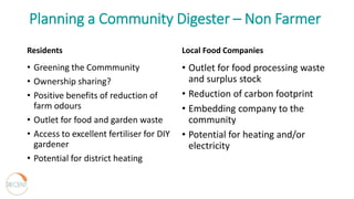 Planning a Community Digester – Non Farmer
Residents
• Greening the Commmunity
• Ownership sharing?
• Positive benefits of reduction of
farm odours
• Outlet for food and garden waste
• Access to excellent fertiliser for DIY
gardener
• Potential for district heating
Local Food Companies
• Outlet for food processing waste
and surplus stock
• Reduction of carbon footprint
• Embedding company to the
community
• Potential for heating and/or
electricity
 