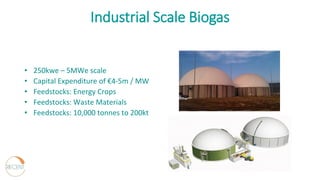 Industrial Scale Biogas
• 250kwe – 5MWe scale
• Capital Expenditure of €4-5m / MW
• Feedstocks: Energy Crops
• Feedstocks: Waste Materials
• Feedstocks: 10,000 tonnes to 200kt
 