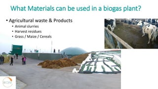 What Materials can be used in a biogas plant?
• Agricultural waste & Products
• Animal slurries
• Harvest residues
• Grass / Maize / Cereals
 