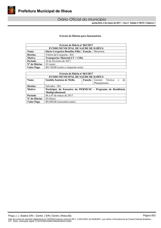 Prefeitura Municipal de Ilheus
Diário Oficial do Município
quinta-feira, 2 de março de 2017 | Ano II - Edição nº 00131 | Caderno 1
Extrato de Diárias para funcionários
Extrato de Diária nº 062/2017
FUNDO MUNICIPAL DE SAÚDE DE ILHÉUS
Nome Dário Cerqueira Bomfim Filho Função Motorista
Destino Vitória da Conquista - BA
Motivo Transportar Material CV + CD4.
Período 20 de fevereiro de 2017.
Nº de Diárias 01 (uma)
Valor Pago R$ 150,00 (cento e cinquenta reais)
Extrato de Diária nº 063/2017
FUNDO MUNICIPAL DE SAÚDE DE ILHÉUS
Nome Sonilda Santana de Mello. Função Gerente Técnica e de
Planejamento.
Destino Salvador - BA
Motivo Participar do Encontro do PERMUSF – Programa de Residência
Multiprofissional.
Período 06 a 07 de março de 2017.
Nº de Diárias 02 (duas)
Valor Pago R$ 600,00 (seiscentos reais)
Praça J. J. Seabra S/N – Centro | S/N | Centro | Ilhéus-Ba Página 003
Este documento foi assinado digitalmente por SERASA Experian conforme MP n. 2.200-2/2001 de 24/08/2001, que institui a infra-estrutura de Chaves Públicas Brasileira -
ICP - Brasil. Cetificação diigital: FF2DF636D0A94B07998A2E0B20CA398C
Prefeitura Municipal de Ilheus
Diário Oficial do Município
quinta-feira, 2 de março de 2017 | Ano II - Edição nº 00131 | Caderno 1
 