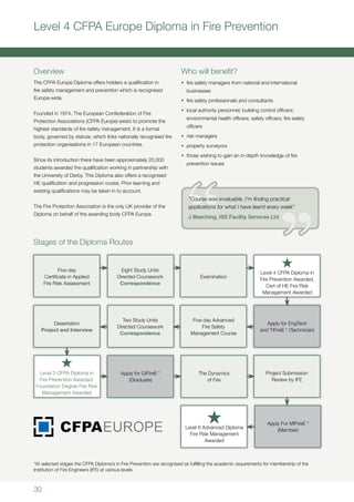 30
Level 4 CFPA Europe Diploma in Fire Prevention
Overview
The CFPA Europe Diploma offers holders a qualification in
fire safety management and prevention which is recognised
Europe-wide.
Founded in 1974, The European Confederation of Fire
Protection Associations (CFPA Europe) exists to promote the
highest standards of fire safety management. It is a formal
body, governed by statute, which links nationally recognised fire
protection organisations in 17 European countries.
Since its introduction there have been approximately 20,000
students awarded the qualification working in partnership with
the University of Derby. This Diploma also offers a recognised
HE qualification and progression routes. Prior learning and
existing qualifications may be taken in to account.
The Fire Protection Association is the only UK provider of the
Diploma on behalf of the awarding body CFPA Europe.
Who will benefit?
•	 fire safety managers from national and international
businesses
•	 fire safety professionals and consultants
•	 local authority personnel; building control officers;
environmental health officers; safety officers; fire safety
officers
•	 risk managers
•	 property surveyors
•	 those wishing to gain an in-depth knowledge of fire
prevention issues
*At selected stages the CFPA Diploma’s in Fire Prevention are recognised as fulfilling the academic requirements for membership of the
Institution of Fire Engineers (IFE) at various levels
Five-day
Certificate in Applied
Fire Risk Assessment
Eight Study Units
Directed Coursework
Correspondence
Examination
Dissertation
Project and Interview
Two Study Units
Directed Coursework
Correspondence
Five day Advanced
Fire Safety
Management Course
Apply for EngTech
and TIFireE * (Technician)
Level 5 CFPA Diploma in
Fire Prevention Awarded.
Foundation Degree Fire Risk
Management Awarded
Apply for GIFireE *
(Graduate)
The Dynamics
of Fire
Project Submission
Review by IFE
Apply For MIFireE *
(Member)
Level 6 Advanced Diploma
Fire Risk Management
Awarded
Level 4 CFPA Diploma in
Fire Prevention Awarded.
Cert of HE Fire Risk
Management Awarded
Stages of the Diploma Routes
“Course was invaluable, I’m finding practical
applications for what I have learnt every week”
J Beeching, ISS Facility Services Ltd
 