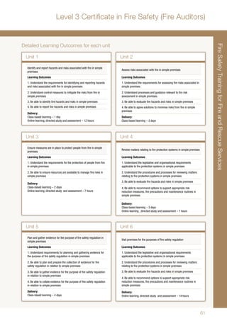 61
FireSafetyTrainingforFireandRescueServices
Level 3 Certificate in Fire Safety (Fire Auditors)
Unit 1
Unit 3
Unit 5
Unit 2
Unit 4
Unit 6
Identify and report hazards and risks associated with fire in simple
premises
Learning Outcomes
1. Understand the requirements for identifying and reporting hazards
and risks associated with fire in simple premises
2. Understand control measures to mitigate the risks from fire in
simple premises
3. Be able to identify fire hazards and risks in simple premises
4. Be able to report fire hazards and risks in simple premises
Delivery:
Class-based learning – 1 day
Online learning, directed study and assessment – 12 hours
Ensure measures are in place to protect people from fire in simple
premises
Learning Outcomes
1. Understand the requirements for the protection of people from fire
in simple premises
2. Be able to ensure resources are available to manage fire risks in
simple premises
Delivery:
Class-based learning – 2 days
Online learning, directed study and assessment – 7 hours
Plan and gather evidence for the purpose of fire safety regulation in
simple premises
Learning Outcomes
1. Understand requirements for planning and gathering evidence for
the purpose of fire safety regulation in simple premises
2. Be able to plan and prepare the collection of evidence for fire
safety regulation in relation to simple premises
3. Be able to gather evidence for the purpose of fire safety regulation
in relation to simple premises
4. Be able to collate evidence for the purpose of fire safety regulation
in relation to simple premises
Delivery:
Class-based learning – 4 days
Assess risks associated with fire in simple premises
Learning Outcomes
1. Understand the requirements for assessing fire risks associated in
simple premises
2. Understand processes and guidance relevant to fire risk
assessment in simple premises
3. Be able to evaluate fire hazards and risks in simple premises
4. Be able to agree solutions to minimise risks from fire in simple
premises
Delivery:
Class-based learning – 3 days
Review matters relating to fire protection systems in simple premises
Learning Outcomes
1. Understand the legislative and organisational requirements
applicable to fire protection systems in simple premises
2. Understand the procedures and processes for reviewing matters
relating to fire protection systems in simple premises
3. Be able to evaluate fire hazards and risks in simple premises
4. Be able to recommend options to support appropriate risk
reduction measures, fire precautions and maintenance routines in
simple premises
Delivery:
Class-based learning – 3 days
Online learning , directed study and assessment – 7 hours
Visit premises for the purposes of fire safety regulation
Learning Outcomes
1. Understand the legislative and organisational requirements
applicable to fire protection systems in simple premises
2. Understand the procedures and processes for reviewing matters
relating to fire protection systems in simple premises
3. Be able to evaluate fire hazards and risks in simple premises
4. Be able to recommend options to support appropriate risk
reduction measures, fire precautions and maintenance routines in
simple premises
Delivery:
Online learning, directed study and assessment – 14 hours
Detailed Learning Outcomes for each unit
 