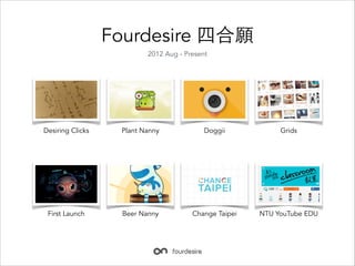 Fourdesire ĺ
2012 Aug - Present

Desiring Clicks

Plant Nanny

Doggii

Grids

First Launch

Beer Nanny

Change Taipei

NTU YouTube EDU

 