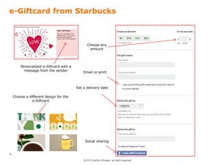 © 2012 Karthik Ethirajan, all rights reserved
8
e-Giftcard from Starbucks
Personalized e-Giftcard with a
message from the sender
Choose any
amount
Social sharing
Choose a different design for the
e-Giftcard
Set a delivery date
Email or print
 