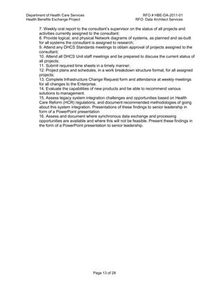 Department of Health Care Services RFO # HBE-DA-2011-01
Health Benefits Exchange Project RFO: Data Architect Services
Page 13 of 28
7. Weekly oral report to the consultant’s supervisor on the status of all projects and
activities currently assigned to the consultant;
8. Provide logical, and physical Network diagrams of systems, as planned and as-built
for all systems the consultant is assigned to research;
9. Attend any DHCS Standards meetings to obtain approval of projects assigned to the
consultant;
10. Attend all DHCS Unit staff meetings and be prepared to discuss the current status of
all projects;
11. Submit required time sheets in a timely manner;
12. Project plans and schedules, in a work breakdown structure format, for all assigned
projects;
13. Complete Infrastructure Change Request form and attendance at weekly meetings
for all changes to the Enterprise.
14. Evaluate the capabilities of new products and be able to recommend various
solutions to management.
15. Assess legacy system integration challenges and opportunities based on Health
Care Reform (HCR) regulations, and document recommended methodologies of going
about this system integration. Presentations of these findings to senior leadership in
form of a PowerPoint presentation
16. Assess and document where synchronous data exchange and processing
opportunities are available and where this will not be feasible. Present these findings in
the form of a PowerPoint presentation to senior leadership.
 