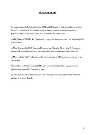 3
REMERCIEMENTS
Ce mémoire pour l’obtention du diplôme M2 Audit Financier et Opérationnel est le résultat
d'un effort considérable. Cet effort n'aurait pu aboutir sans la contribution de plusieurs
personnes. Ainsi se présente l'occasion de les remercier : Tout d'abord,
Au Pr Pierre SCHEVIN, Le Directeur de ce mémoire pendant ce stage pour sa disponibilité
et ses conseils
A Mme Roselyne PATOIS, Responsable du service «Mutuelle d’Entreprise de Sochaux »,
mon encadrant professionnel pour son engagement total et ses conseils très constructifs
A Mme Nathalie De STEUR, responsable informatique à la MES, pour son assistance et ses
instructions.
Sans oublier tout le personnel de la Mutuelle sans exception pour leur support moral et
pédagogique pendant les 2 mois de ce stage
Et enfin, mes parents, ma famille et mon beau frère pour leurs soutien morale et financier
pendant cette année d’études
 