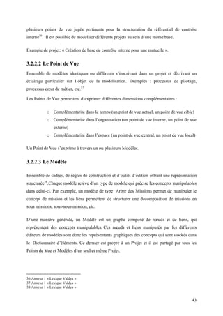 43
plusieurs points de vue jugés pertinents pour la structuration du référentiel de contrôle
interne36
. Il est possible de modéliser différents projets au sein d’une même base.
Exemple de projet: « Création de base de contrôle interne pour une mutuelle ».
3.2.2.2 Le Point de Vue
Ensemble de modèles identiques ou différents s’inscrivant dans un projet et décrivant un
éclairage particulier sur l’objet de la modélisation. Exemples : processus de pilotage,
processus cœur de métier, etc.37
Les Points de Vue permettent d’exprimer différentes dimensions complémentaires :
o Complémentarité dans le temps (un point de vue actuel, un point de vue cible)
o Complémentarité dans l’organisation (un point de vue interne, un point de vue
externe)
o Complémentarité dans l’espace (un point de vue central, un point de vue local)
Un Point de Vue s’exprime à travers un ou plusieurs Modèles.
3.2.2.3 Le Modèle
Ensemble de cadres, de règles de construction et d’outils d’édition offrant une représentation
structurée38
.Chaque modèle relève d’un type de modèle qui précise les concepts manipulables
dans celui-ci. Par exemple, un modèle de type Arbre des Missions permet de manipuler le
concept de mission et les liens permettent de structurer une décomposition de missions en
sous missions, sous-sous-mission, etc.
D’une manière générale, un Modèle est un graphe composé de nœuds et de liens, qui
représentent des concepts manipulables. Ces nœuds et liens manipulés par les différents
éditeurs de modèles sont donc les représentants graphiques des concepts qui sont stockés dans
le Dictionnaire d’éléments. Ce dernier est propre à un Projet et il est partagé par tous les
Points de Vue et Modèles d’un seul et même Projet.
36 Annexe 1 « Lexique Valdys »
37 Annexe 1 « Lexique Valdys »
38 Annexe 1 « Lexique Valdys »
 