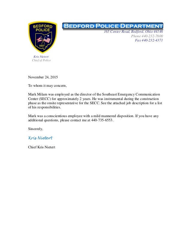 mark milam reference letter from bedford police chief kris police recommendation letter sample