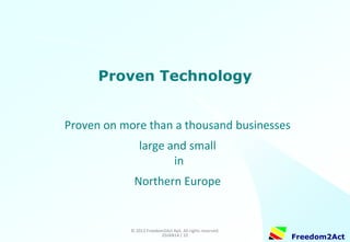 Copyright © 2008-2014 Freedom2Act ApS. All rights reserved. 06OCT14 / 10 
Freedom2Act 
Risk Item Progress Management 
■Overview 
■Planning phase 
■Implementation 
■Quick identification of delays 
 