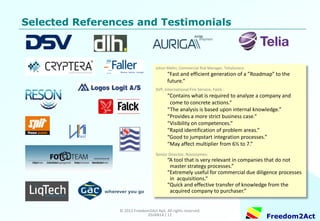 Copyright © 2008-2014 Freedom2Act ApS. All rights reserved. 06OCT14 / 11 
Freedom2Act 
Freedom2Act Strategy Review™ 
“The road to achieve goals is paved with stones, some small, some large, some boulders ………….. 
………..removing large “stones” increases the success rate!” 
Quick and efficient generation of a ”Roadmap” to the future Citation: Johan Mellin, Commercial Risk Manager, TeliaSonera  