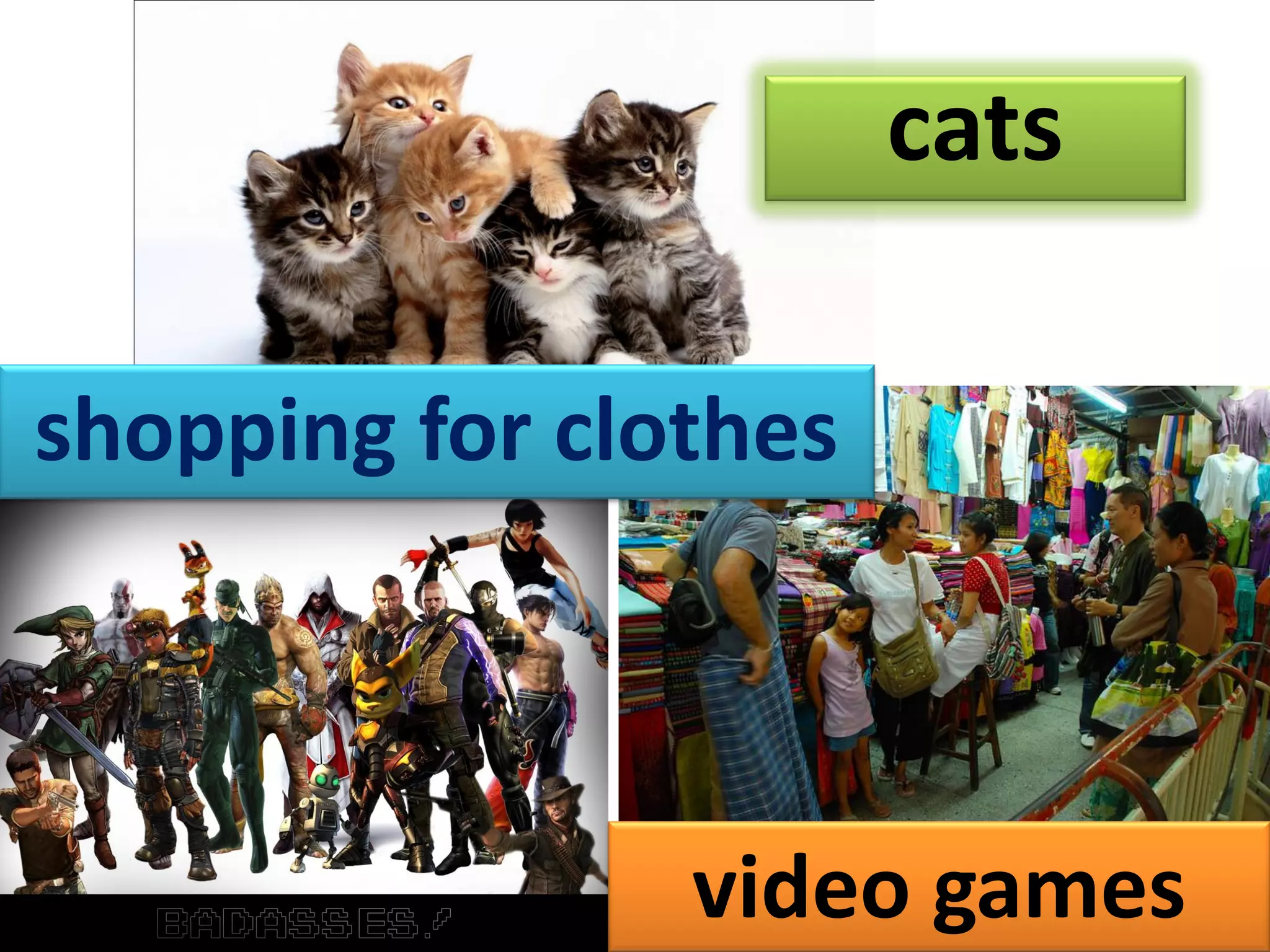 cats
shopping for clothes
video games
 