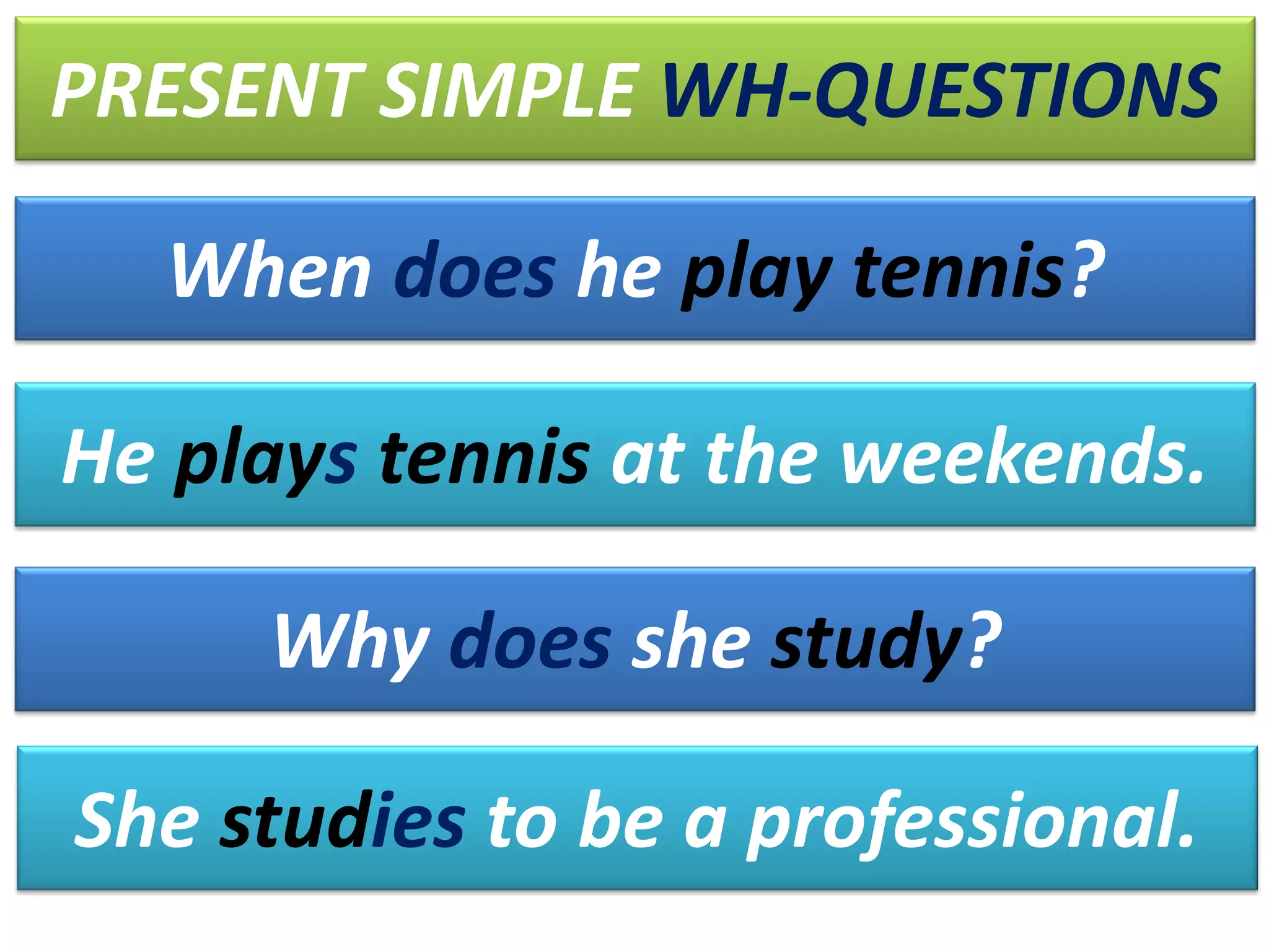 PRESENT SIMPLE WH-QUESTIONS
When does he play tennis?
Why does she study?
He plays tennis at the weekends.
She studies to be a professional.
 