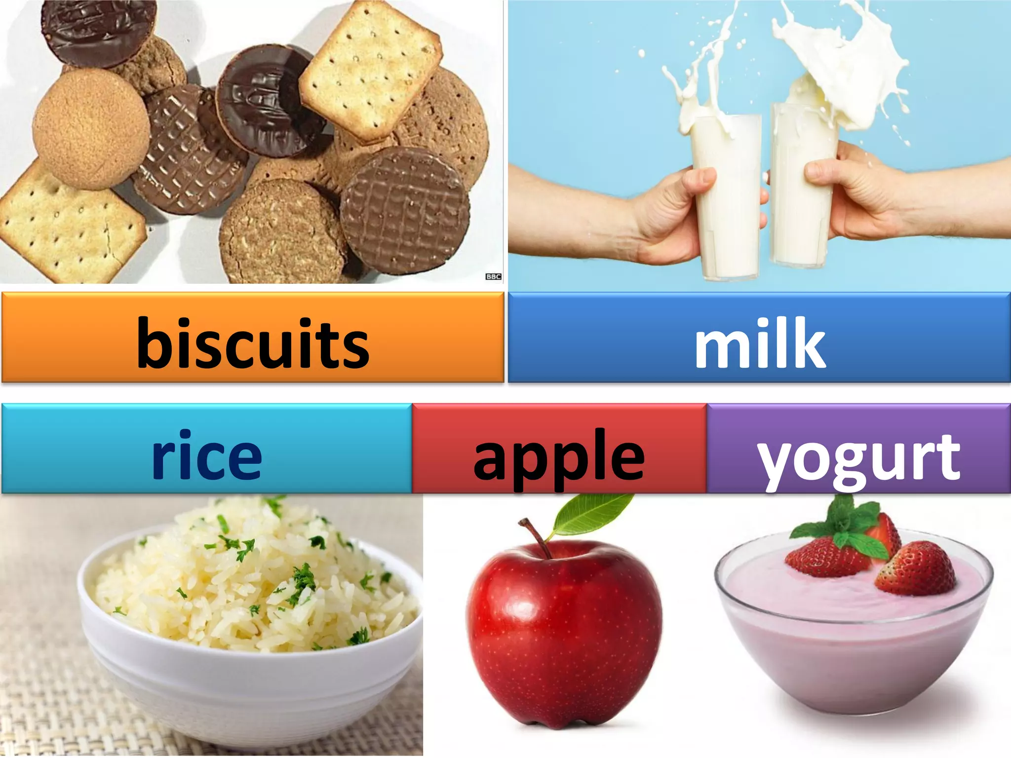 biscuits milk
rice apple yogurt
 