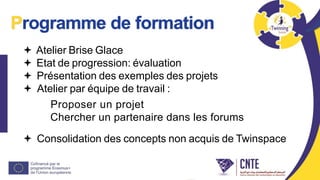 Programme de formation
 Atelier Brise Glace
 Etat de progression: évaluation
 Présentation des exemples des projets
 Atelier par équipe de travail :
Proposer un projet
Chercher un partenaire dans les forums
 Consolidation des concepts non acquis de Twinspace
 