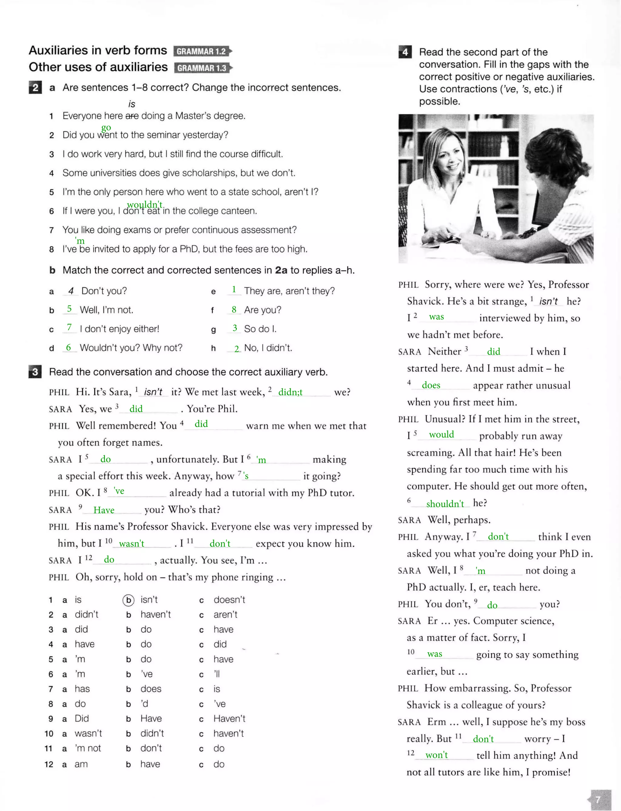 Auxiliaries in verb forms lrl;SW1r;1;1f>
Other uses of auxiliaries ld;fM!MJ;lft
fJ a Are sentences 1-8 correct? Change the incorrect sentences.
is
1 Everyone here are doing a Master's degree.
2 Did you went to the seminar yesterday?
3 I do work very hard, but I still find the course difficult.
4 Some universities does give scholarships, but we don't.
s I'm the only person here who went to a state school, aren't I?
6 If I were you, I don't eat in the college canteen.
7 You like doing exams or prefer continuous assessment?
a I've be invited to apply for a PhD, but the fees are too high.
b Match the correct and corrected sentences in 2a to replies a-h.
a 4 Don't you?
b Well, I'm not.
e
f
They are, aren't they?
Are you?
c I don't enjoy either! 9 So do I.
d Wouldn't you? Why not? h _ No, I didn't.
IJ Read the conversation and choose the correct auxiliary verb.
PHIL H i. It's Sara, 1 isn't it? We met last week, 2 we?
SARA Yes, we 3 . You're Phil.
PHIL Well remembered! You 4 warn me when we met that
you often forget names.
SARA I 5 , unfortunately. But I 6 ma king
a special effort this week. Anyway, how 7 it going?
PH IL OK. I 8 already had a tutorial with my PhD tutor.
SARA 9 you? W ho's that?
PHIL H is name's Professor Shavick. Everyone else was very impressed by
him, but I 10
• I 11
expect you know him.
SARA I 12 , actually. You see, I'm ...
PHIL O h, sorry, hold on - that's my phone ringing ...
1 a is ® isn't c doesn't
2 a didn't b haven't c aren't
3 a did b do c have
4 a have b do c did
5 a 'm b do c have
6 a 'm b 've c 'II
7 a has b does c is
8 a do b 'd c 've
9 a Did b Have c Haven't
10 a wasn't b didn't c haven't
11 a 'm not b don't c do
12 a am b have c do
II Read the second part of the
conversation. Fill in the gaps with the
correct positive or negative auxiliaries.
Use contractions ('ve, 's, etc.) if
possible.
PHIL Sorry, where were we? Yes, Professor
Shavick. He's a bit strange, 1 isn't he?
I 2
interviewed by him, so
we hadn't met before.
SARA Neither 3 I when I
started here. And I must admit - he
4 appear rather unusual
when you first meet him.
PHIL Unusual? If I met him in the street,
I 5 probably run away
screaming. All that hair! H e's been
spendi ng far too much time with his
computer. He should get out more often,
6 he?
SARA Well, perhaps.
PHIL Anyway. I 7 think I even
asked you what you're doing your PhD in.
SARA Well, I 8 not doing a
PhD actualJy. I, er, teach here.
PHIL You don't, 9 you?
SARA Er ... yes. Computer science,
as a matter of fact. Sorry, I
lO going to say something
earlier, but ...
PH IL H ow embarrassing. So, Professor
Shavick is a colleague of yours?
SARA Erm ... well, I suppose he's my boss
really. But 11
12
worry- I
tell him anything! And
not all tutors are like him, I promise!
 