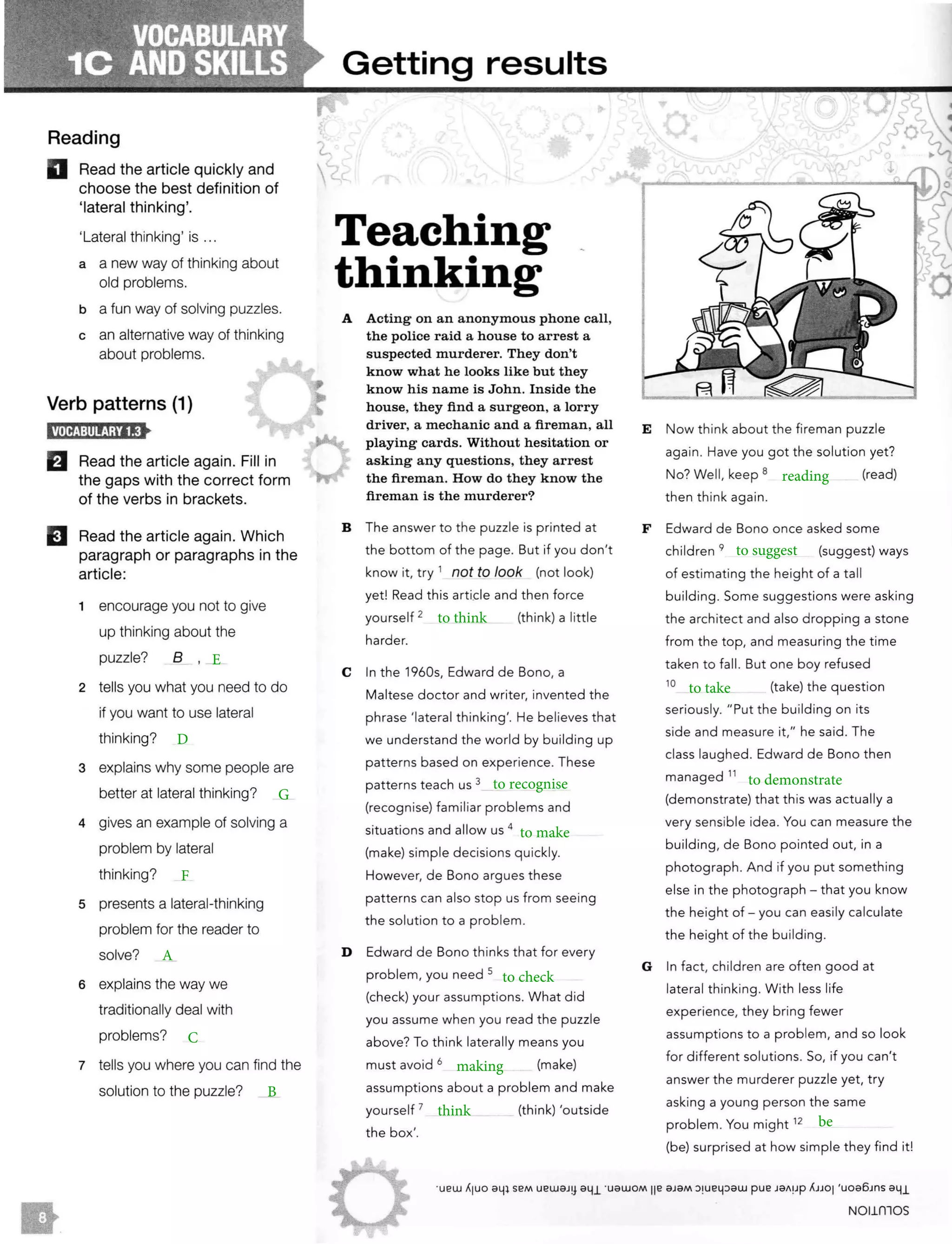 Reading
D Read the article quickly and
choose the best definition of
'lateral thinking'.
'Lateral thinking' is ...
a a new way of thinking about
old problems.
b a fun way of solving puzzles.
c an alternative way of thinking
about problems.
Verb patterns (1)
El Read the article again. Fill in
the gaps with the correct form
of the verbs in brackets.
EJ Read the article again. Which
paragraph or paragraphs in the
article:
1 encourage you not to give
up thinking about the
puzzle? B , _
2 tells you what you need to do
if you want to use lateral
thinking?
3 explains why some people are
better at lateral thinking?
4 gives an example of solving a
problem by lateral
thinking?
5 presents a lateral-thinking
problem for the reader to
solve?
6 explains the way we
traditionally deal with
problems?
7 tells you where you can find the
solution to the puzzle?
Getting results
Teaching
thinking
A Acting on an anonymous phone call,
the police raid a house to arrest a
suspected murderer. They don't
know what he looks like but they
know his name is John. Inside the
house, they find a surgeon, a lorry
driver, a mechanic and a fireman , all
playing cards. Without hesitation or
asking any questions, they arr est
the fireman. How do they know the
fir eman is the murderer?
B The answer to the puzzle is printed at
the bottom of the page. But if you don't
know it, try 1 not to look (not look)
yet! Read this arti.cle and then force
yourself 2 (think) a little
harder.
C In the 1960s, Edward de Bono, a
Maltese doctor and writer, invented the
phrase 'lateral thinking'. He believes that
we understand the world by building up
patterns based on experience. These
patterns teach us 3 _
(recognise) familiar problems and
situations and allow us 4
(make) simple decisions quickly.
However, de Bono argues these
patterns can also stop us from seeing
the solution to a problem.
D Edward de Bono thinks that for every
problem, you need s
(check) your assumptions. What did
you assume when you read the puzzle
above? To think laterally means you
must avoid 6 (make)
assumptions about a problem and make
yourself 7
(think) 'outside
the box'.
E Now think about the fireman puzzle
again. Have you got the solution yet?
No? Well, keep 8 (read)
then think again.
F Edward de Bono once asked some
children 9 (suggest) ways
of estimating the height of a tall
building. Some suggestions were asking
the architect and also dropping a stone
from the top, and measuring the time
taken to fall. But one boy refused
10
(take) the question
seriously. " Put the building on its
side and measure it," he said . The
class laughed. Edward de Bono then
managed 11
(demonstrate) that this was actually a
very sensible idea. You can measure the
building, de Bono pointed out, in a
photograph. And if you put something
else in the photograph - that you know
the height of - you can easily calculate
the height of the building.
G In fact, children are often good at
lateral thinking. With less life
experience, they bring fewer
assumptions to a problem, and so look
for different solutions. So, if you can't
answer the murderer puzzle yet, try
asking a young person the same
problem. You might 12
(be) surprised at how simple they find it!
·uew 1'1uo aLp seM uewaJ!.f a41 ·uawoM11e aJaM ::>!ue4::iaw pue JoA!JP AJJOi 'uoa6ms a41
NOllnlOS
 