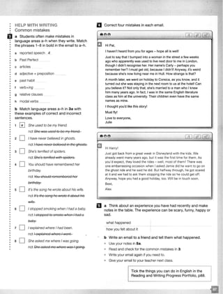 •
••
•
•
•
•
•
•
•
•
••
•
•
•
•
•
•
•
•
•
•
•
•
•
•
•
•
•
•
•
•
•••
•
•
•
•
•
••
•
•
•
•
•
•
•
•
•
•
•
•
•
•
•
•
•
•
•
•
••
•
•
•
•
•
••
•
•
•
•
•
•
•
•
••
•
•
•
•
•
•
•
•
•
•
•
•
••
HELP WITH WRITING
Common mistakes
a Students often make mistakes in
language areas a-h when they write. Match
the phrases 1-8 in bold in the email to a-h.
a reported speech ... 4
b Past Perfect
c articles
d adjective + preposition
e past habit
t verb+ing __
g relative clauses
h modal verbs ___
b Match language areas a-h in 3a with
these examples of correct and incorrect
sentences.
1 She used to be my friend.
not She was used to be my friend.
2 D I have never believed in ghosts.
not I have never boNm'Cd in tho ghosts.
3 D She's terrified of spiders.
not She's terrified Vlith spiders.
4 D You should have remembered her
birthday.
not You should remembered her
birthday
5 D It's tho song he wrote about his wife.
not It's the song he wrote it about his
wife:.
6 D I stopped smoking when I had a baby.
not I stopped to smoke when I had a
eaby.-
7 D I explained whore I had boon.
not I explained whore I
a D She asked mo where I was going.
not She as!red me where was I going.
II Correct four mistakes in each email.
I
IJ Hi Pat,
I haven't heard from you for ages - hope all is well!
Just to say that I bumped into a woman in the street a few weeks
ago who apparently was used to live next door to me in London,
though I didn't recognise her. Her name's Carly - perhaps you
remember her? I must get old, because I didn't! Anyway, it's weird
because she's now living near me in Hull. How strange is that?
A month later, we went on holiday to Corsica, as you know, and it
turned out she was staying in the next room to us at the hotel! Can
you believe it? Not only that, she's married to a man who I knew
him many years ago. In fact, I was in the same English literature
class as him at the university. Their children even have the same
names as mine.
I thought you'd like this story!
Must fly!
Love to everyone,
Julie
8 88
Hi Harry!
Just got back from a great week in Disneyland with the kids. We
already went many years ago, but it was the first time for them. As
you'd expect, they loved the rides - well, most of them ! There was
one embarrassing occasion when I asked Jamie did he want to go on
the ghost ride and he said he did. But halfway through, he got scared
at it and we had to ask them stopping the ride so he could get off.
Anyway, hope you had a good holiday, too. Will be in touch soon.
Best,
Alex
II a Think about an experience you have had recently and make
notes in the table. The experience can be scary, funny, happy or
sad.
what happened
how you felt about it
b Write an email to a friend and tell them what happened.
o Use your notes in 5a.
• Read and check for the common mistakes in 3.
• Write your email again if you need to.
• Give your email to your teacher next class.
Tick the things you can do in English in the
Reading and Writing Progress Portfolio, p88.
 