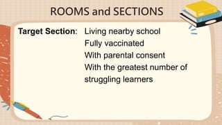 ROOMS and SECTIONS
Target Section: Living nearby school
Fully vaccinated
With parental consent
With the greatest number of
struggling learners
 