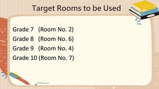 Target Rooms to be Used
Grade 7 (Room No. 2)
Grade 8 (Room No. 6)
Grade 9 (Room No. 4)
Grade 10 (Room No. 7)
 