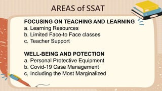 AREAS of SSAT
FOCUSING ON TEACHING AND LEARNING
a. Learning Resources
b. Limited Face-to Face classes
c. Teacher Support
WELL-BEING AND POTECTION
a. Personal Protective Equipment
b. Covid-19 Case Management
c. Including the Most Marginalized
 