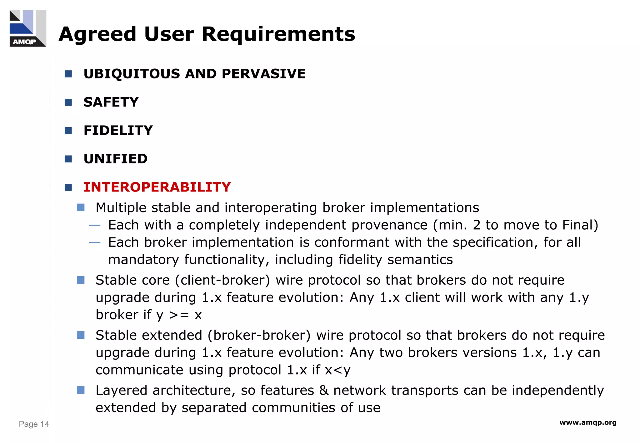 Page 14 www.amqp.org
Agreed User Requirements
 UBIQUITOUS AND PERVASIVE
 SAFETY
 FIDELITY
 UNIFIED
 INTEROPERABILITY
 Multiple stable and interoperating broker implementations
— Each with a completely independent provenance (min. 2 to move to Final)
— Each broker implementation is conformant with the specification, for all
mandatory functionality, including fidelity semantics
 Stable core (client-broker) wire protocol so that brokers do not require
upgrade during 1.x feature evolution: Any 1.x client will work with any 1.y
broker if y >= x
 Stable extended (broker-broker) wire protocol so that brokers do not require
upgrade during 1.x feature evolution: Any two brokers versions 1.x, 1.y can
communicate using protocol 1.x if x<y
 Layered architecture, so features & network transports can be independently
extended by separated communities of use
 