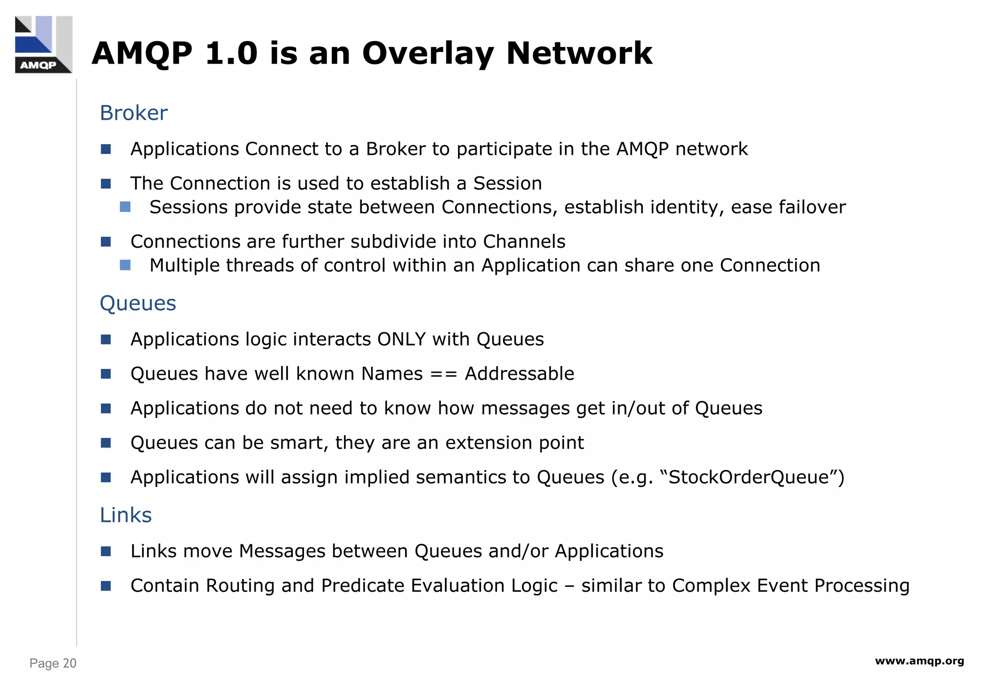 Page 20 www.amqp.org
AMQP 1.0 is an Overlay Network
Broker
 Applications Connect to a Broker to participate in the AMQP network
 The Connection is used to establish a Session
 Sessions provide state between Connections, establish identity, ease failover
 Connections are further subdivide into Channels
 Multiple threads of control within an Application can share one Connection
Queues
 Applications logic interacts ONLY with Queues
 Queues have well known Names == Addressable
 Applications do not need to know how messages get in/out of Queues
 Queues can be smart, they are an extension point
 Applications will assign implied semantics to Queues (e.g. “StockOrderQueue”)
Links
 Links move Messages between Queues and/or Applications
 Contain Routing and Predicate Evaluation Logic – similar to Complex Event Processing
 