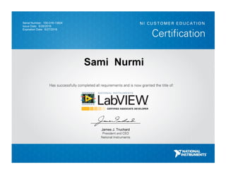 Serial Number: 100-316-13824
Issue Date: 6/28/2016
Expiration Date: 6/27/2018
Sami Nurmi
__________________________
James J. Truchard
President and CEO
National Instruments
 