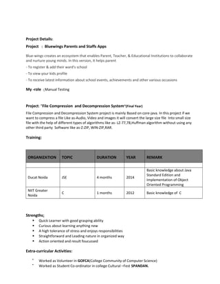 Project Details:
Project : Bluewings Parents and Staffs Apps
Blue-wings creates an ecosystem that enables Parent, Teacher, & Educational Institutions to collaborate
and nurture young minds. In this version, It helps parent
- To register & add their ward's school
- To view your kids profile
- To receive latest information about school events, achievements and other various occasions
My -role : Manual Testing
Project: “File Compression and Decompression System”(Final Year)
File Compression and Decompression System project is mainly Based on core-java. In this project if we
want to compress a file Like as-Audio, Video and images it will convert the large size file Into small size
file with the help of different types of algorithms like as- LZ-77,78,Huffman algorithm without using any
other third party Software like as-Z-ZIP, WIN-ZIP,RAR.
Training:
ORGANIZATION TOPIC DURATION YEAR REMARK
Ducat Noida JSE 4 months 2014
Basic knowledge about Java
Standard Edition and
Implementation of Object
Oriented Programming
NIIT Greater
Noida
C 1 months 2012 Basic knowledge of C
Strengths:
 Quick Learner with good grasping ability
 Curious about learning anything new
 A high tolerance of stress and enjoys responsibilities
 Straightforward and Leading nature in organized way
 Action oriented and result foucussed
Extra-curricular Activities:

Worked as Volunteer in GOFCA(College Community of Computer Science)

Worked as Student Co-ordinator in college Cultural –Fest SPANDAN.
 