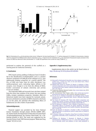 performed to explore the potential of this scaffold as a
starting point for medicinal chemistry.
4. Conclusions
HPLC-based activity profiling of olibanum from B. thurifera
led to the identification of dehydroabietic acid as a positive
allosteric modulator of GABAARs of the subtype α1β2γ2s that
additionally displays properties of a partial agonist. The
EC50 of DHA was lower than for other diterpenes (e.g.
sandaracopimaric acid), indicating higher affinity to the
receptor, even though it is far from the affinity of BDZs.
Further assessment of subunit selectivity and activity
in vivo are needed.
The terpenoids AKBA and incensole have also been isolated
from the active time window of the extract, but were lacking
GABAA receptor modulatory properties. Anxiolytic effects in
behavioral models have been reported for incensole acetate,
but were attributed to activation of TRPV3 channels in the brain
[1]. At this point, the potential CNS modulating effects of
frankincense are still a matter of speculation.
Acknowledgements
Financial support was provided by the Swiss National
Science Foundation through project 205320_126888 (MH).
D.C. Rueda thanks the Department of Education of Canton Basel
(Erziehungsdepartement des Kantons Basel-Stadt) for a fel-
lowship granted in 2012. This work was supported by the
Austrian Science Fund (FWF doctoral program “Molecular Drug
Targets” W1232 to S.H).
Appendix A. Supplementary data
Supplementary data to this article can be found online at
http://dx.doi.org/10.1016/j.fitote.2014.09.002.
References
[1] Moussaieff A, Mechoulam R. Boswellia resin: from religious ceremonies to
medical uses; a review of in vitro, in vivo and clinical trials. J Pharm
Pharmacol 2009;61:1281–93.
[2] Mothana RAA, Hasson SS, Schultze W, Mowitz A, Lindequist U. Phyto-
chemical composition and in vitro antimicrobial and antioxidant activities
of essential oils of three endemic Soqotraen Boswellia species. Food Chem
2011;126:1149–54.
[3] Tropicos.org. Missouri Botanical Garden. http://www.tropicos.org; 2014.
[Search: Boswellia thurifera].
[4] The International Plant Names Index. http://www.ipni.org/ipni/
plantnamesearchpage.do; 2014. [Search: Boswellia thurifera.].
[5] Lee J-H, Lee J-S. Chemical composition and antifungal activity of plant
essential oils against Malassezia furfur. Korean J Microbiol Biotechnol
2010;38:315–21.
[6] Van Vuuren SF, Kamatou GPP, Viljoen AM. Volatile composition and
antimicrobial activity of twenty commercial frankincense essential oil
samples. Chem Divers Biol Funct Plant Volatiles 2010;76:686–91.
[7] Pires R, Montanari L, Martins C, Zaia J, Almeida A, Matsumoto M, et al.
Anticandidal efficacy of cinnamon oil against planktonic and biofilm
cultures of Candida parapsilosis and Candida orthopsilosis. Mycopathologia
2011;172:453–64.
[8] Nusier M, Bataineh H, Bataineh Z, Daradka H. Effect of frankincense
(Boswellia thurifera) on reproductive system in adult male rat. J Health Sci
2007;53:365–70.
[9] Fu-Shuang L, Dong-Lan Y, Rang-Ru L, Kang-Ping X, Gui-Shan T. Chemical
constituents of Boswellia carterii (Frankincense). Chin J Nat Med 2010;8:
25–7.
[10] Yoshikawa M, Morikawa T, Oominami H, Matsuda H. Absolute
stereostructures of olibanumols A, B, C, H, I, and J from olibanum, gum-
resin of Boswellia carterii, and inhibitors of nitric oxide production in
Fig. 3. A. Potentiation of IGABA by the petroleum ether extract (100 μg/mL), by time-based fractions 15–17, and by compounds 1–3 (100 μM). B. Concentration–response
curve for compound 1 on GABAARs of the subunit composition α1β2γ2S. C. Typical traces for modulation of IGABA by compound 1. Pronounced receptor activation in the
absence of GABA was observed at DHA concentrations of N30 μM. All experiments were carried out using a GABA EC5–10.
33D.C. Rueda et al. / Fitoterapia 99 (2014) 28–34
 