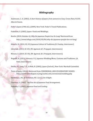 14
Bibliography
Andressen, C. A. (2002). A short history of Japan: from samurai to Sony. Crows Nest, N.S.W.:
Allen & Unwin.
Fodor's Japan (19th ed.). (2009). New York: Fodor's Travel Publications.
Fukutomi, S. (2002). Japan: Foods and Weddings.
Koichi. (2010, October 6). Why Do Japanese People Live So Long? Retrieved from
http://www.tofugu.com/2010/10/06/why-do-japanese-people-live-so-long/
Kikuchi, H. (2014, 02, 01) Japanese Culture & Traditions.(D. Panday, Interviewer)
Librarian. (2014, 02 10). (M. Agarwal, & S. Prajapati, Interviewers)
Mizuno, S. (2014, 02 10). (M. Agarwal, & S. Prajapati, Interviewers)
Noguchi, K. (2014, February 11). Japanese Wedding Menu, Customs and Traditions. (A.
Patel, Interviewer)
Shelley, R., Yong, T. C., & Mok, R. (2002). Japan (2nd ed.). New York: Marshall Cavendish.
Taste of Japan. (2010). Retrieved from CEREMONIAL AND CELEBRATORY DISHES:
http://www.tasteofjapan.ru/eng/useful_info/ceremonial/wedding.php
Vardaman, J. M., & Vardaman, M. S. (n.d.). Do It Right.
Tsuchiya, Y. (2002). The Fine Art of Japanese Food Arrangement.
Fukuoka, Y. (2002). Japanese Food and Cooking
 