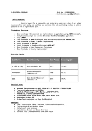 K. CHANDRA SEKHAR Mob No: +919886583454
e-mail:chandu.kapu@gmail.com
Career Objective:
Looking forward for a responsible and challenging assignment where I can utilize
maximum of my learn ability and analytical and technical skills with contributing my best to achieve
personal as well as organizational goals.
Professional Summary:
 Good knowledge in Development and Implementation of applications using .NET framework.
 Ability to creating simple and complex Graphical User Interface (GUI) applications
 using C#.NET.
 Good Knowledge in .NET technologies along with backend tool as SQL Server 2012.
 Good Knowledge in Object Oriented Programming.
 Having Knowledge in ADO.NET.
 Having Knowledge in Data Bound Controls in ASP.NET.
 Good Knowledge in State Management Techniques.
 Good Knowledge in Security Implementation.
Education Details:
Qualification Board/University Year Passed Percentage (%)
B. Tech (E.E.E) JNTU University, A.P 2013 73.54%
Intermediate
Board of Intermediate
Education, A.P.
2008 89.3%
SSC
State Board of Secondary
Education, A.P.
2006 71.3%
Technical skills:
 Microsoft Technologies:ASP.NET 4.0,C#.NET4.5, AJAX,SILVE LIGHT,LINQ
 Programming Languages: C,C#,SQL,
 Distributed Technologies: Web Services, WCF,MVC,WPF.
 RDBMS:SQL SERVER 2000/2005/2008
 Development Tools: Visual studio 2008,Visual studio 2010.
 Application Servers: IIS
 Design Tools: Auto Cad and Auto Cad Electrical
Strengths:
 Good Communication Skills, Confidence, Commitment and Optimistic.
 Positive attitude & hard working nature.
 Ability to work under pressure.
 Inquisitiveness to learn new things of my own.
 Motivated, Goal Oriented Individual and Team Player.
 