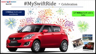 5 Million Swift sold
worldwide
2.7 Million Swift sold in
India
#MySwiftRide - Celebration
 