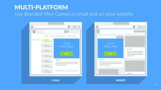 MULTI-PLATFORM
Use Branded Mini-Games in email and on your website
YOUR
MINI-GAME
E-MAIL WEBSITE
YOUR
MINI-GAME
PLAY PLAY
10
 