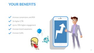 Increase conversions and ROI
3x higher CTR
Up to 70% higher engagement
Increase brand awareness
Increase traffic
YOUR BENEFITS
17
 