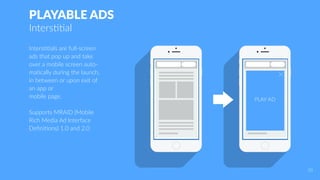 PLAYABLE ADS
Interstitial
Interstitials are full-screen
ads that pop up and take
over a mobile screen auto-
matically during the launch,
in between or upon exit of
an app or
mobile page.
Supports MRAID (Mobile
Rich Media Ad Interface
Definitions) 1.0 and 2.0
PLAY AD
20
 