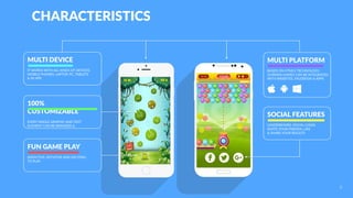 CHARACTERISTICS
MULTI DEVICE
IT WORKS WITH ALL KINDS OF DEVICES:
MOBILE PHONES, LAPTOP, PC, TABLETS
& IN-APP
100%
CUSTOMIZABLE
EVERY SINGLE GRAPHIC AND TEXT
ELEMENT CAN BE BRANDED &
SOCIAL FEATURES
LEADERBOARD, SOCIAL LOGIN,
INVITE YOUR FRIENDS, LIKE
& SHARE YOUR RESULTS
MULTI PLATFORM
BASED ON HTML5 TECHNOLOGY,
OURMINI-GAMES CAN BE INTEGRATED
WITH WEBSITES, FACEBOOK & APPS
FUN GAME PLAY
ADDICTIVE, INTUITIVE AND EXCITING
TO PLAY
6
 
