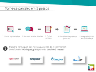 Torne-se parceiro em 5 passos
Trabalha com algum dos nossos parceiros de e-Commerce?
Beneficie de 100 cliques grátis por mês durante 3 meses!
4. Enviar feed de produtos
(xml/csv)
2. Discutir e acordar detalhes1. Fazer registo da loja 3. Fechar
contrato
5. Integração da loja
em ShopAlike.pt
 